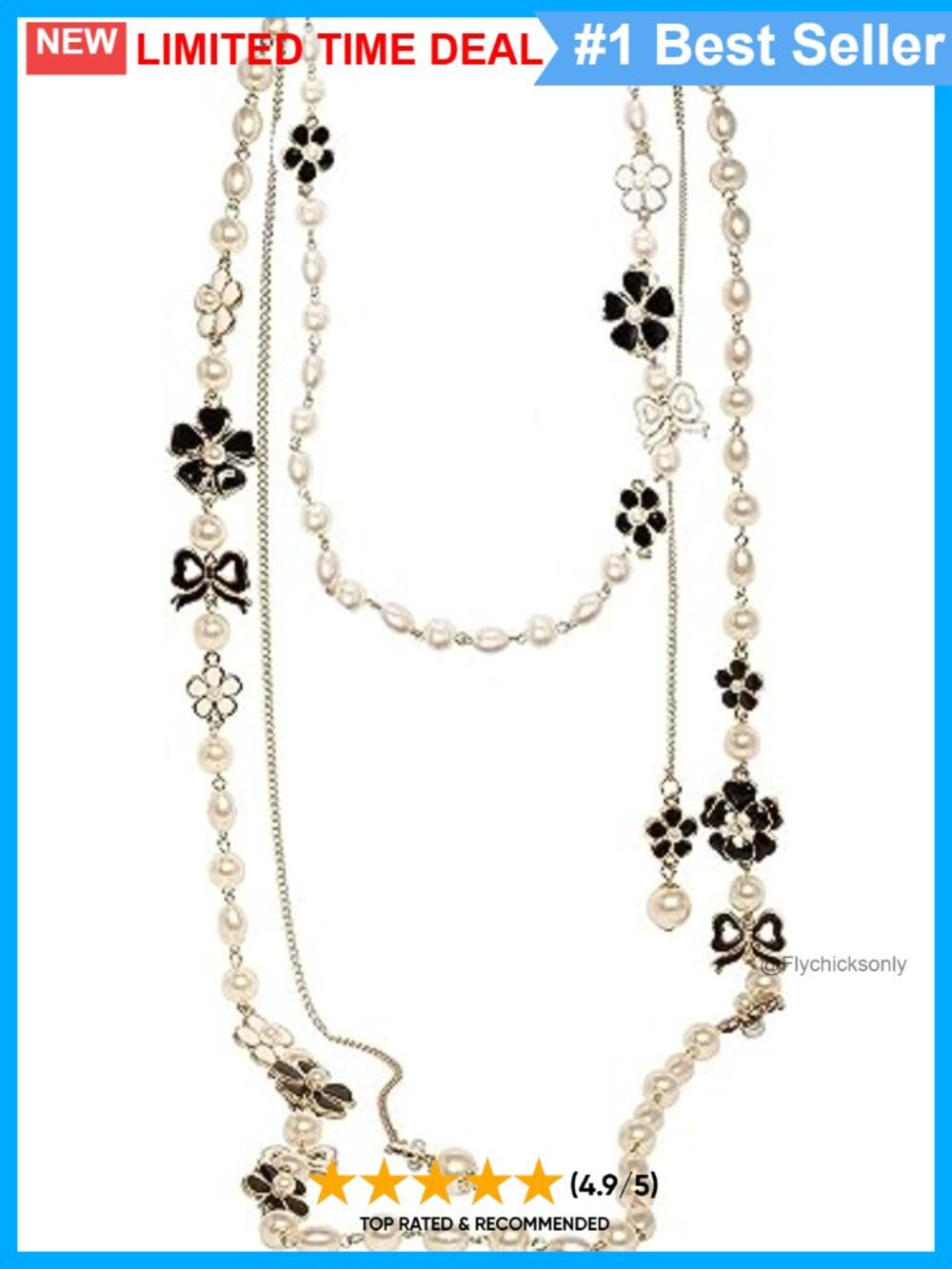 Layered Faux Pearl Necklace with Camellia Flower Bow Charms